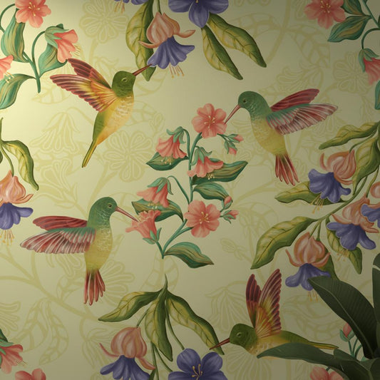 Botanical Bird Wallpaper Green | Wildflower Nursery Decor | Nature Inspired | Peel and Stick