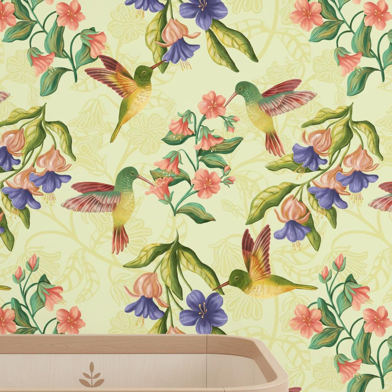 Botanical Bird Wallpaper Green | Wildflower Nursery Decor | Nature Inspired | Peel and Stick