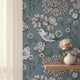 Botanical Bird Wallpaper Gray Blue | Elegant Floral Decor | Peel and Stick