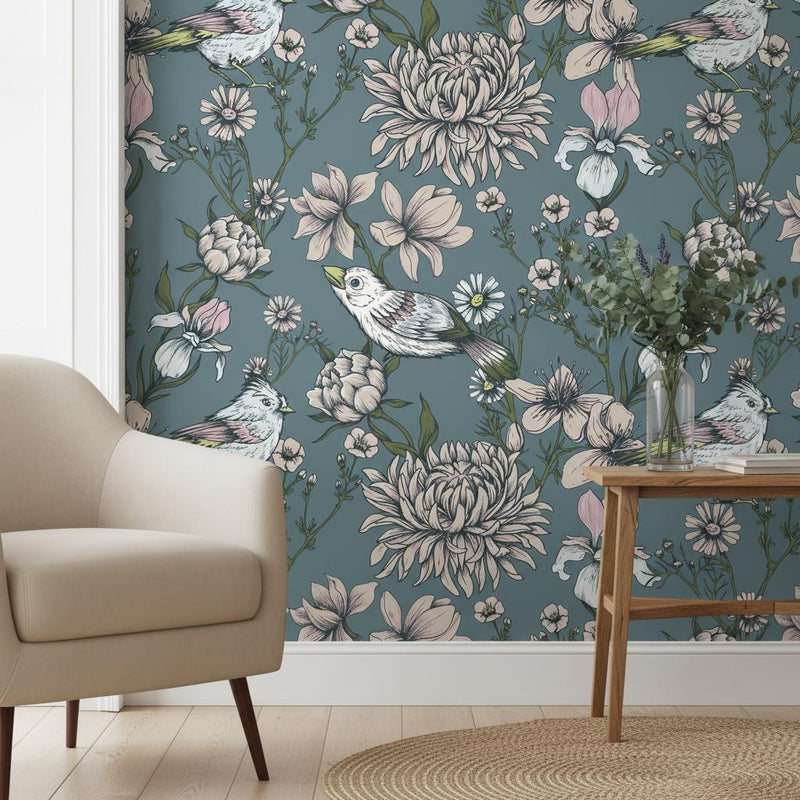 Botanical Bird Wallpaper Gray Blue | Elegant Floral Decor | Peel and Stick