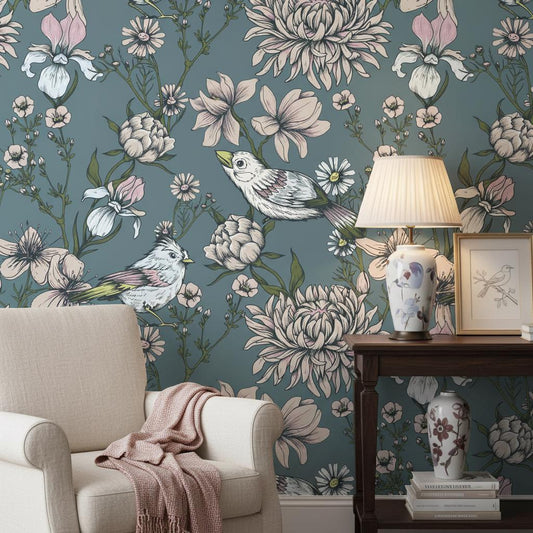 Botanical Bird Wallpaper Gray Blue | Elegant Floral Decor | Peel and Stick