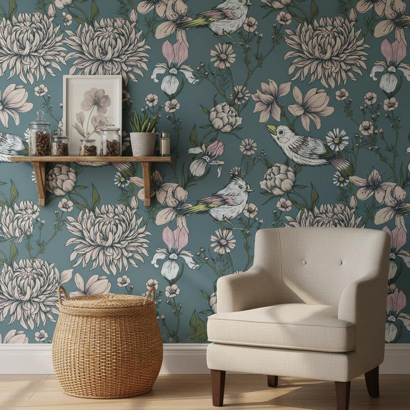 Botanical Bird Wallpaper Gray Blue | Elegant Floral Decor | Peel and Stick