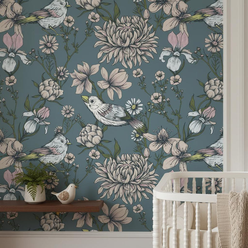 Botanical Bird Wallpaper Gray Blue | Elegant Floral Decor | Peel and Stick
