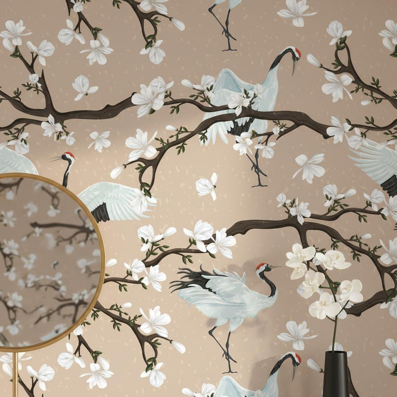 Asian Crane Wallpaper Beige | Japanese Magnolia Decor |  Bird Peel and Stick