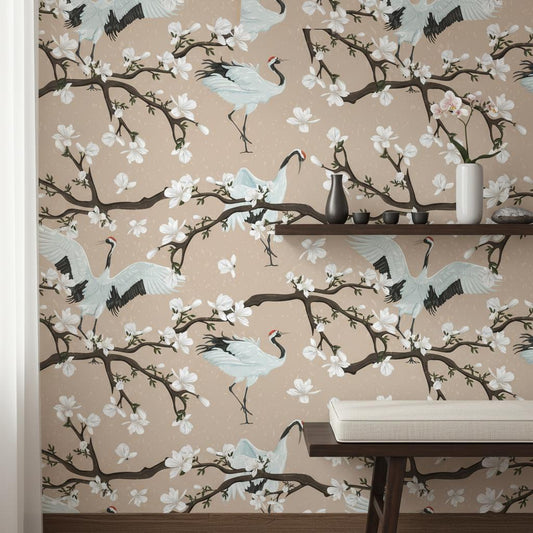 Asian Crane Wallpaper Beige | Japanese Magnolia Decor |  Bird Peel and Stick