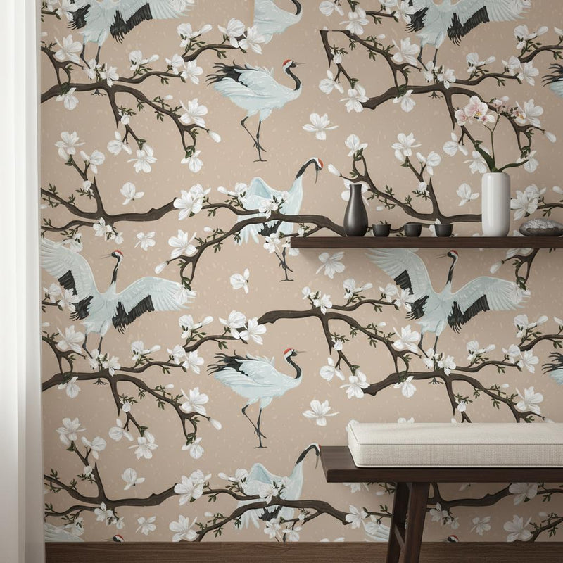 Asian Crane Wallpaper Beige | Japanese Magnolia Decor |  Bird Peel and Stick
