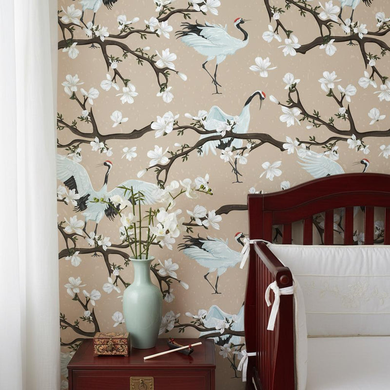 Asian Crane Wallpaper Beige | Japanese Magnolia Decor |  Bird Peel and Stick