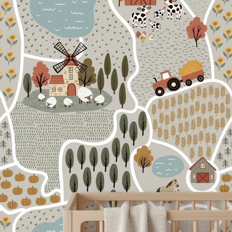 Farm Map Wallpaper Kids Room | Countryside Nursery Decor | Tractor Barn Animals | Peel and Stick or Traditional