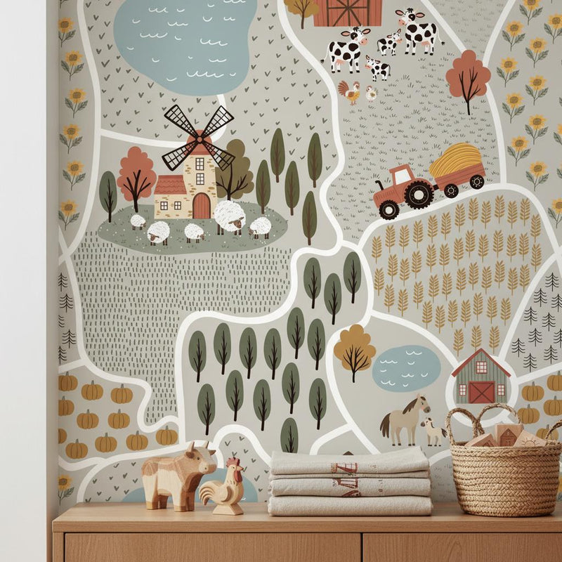 Farm Map Wallpaper Kids Room | Countryside Nursery Decor | Tractor Barn Animals | Peel and Stick or Traditional