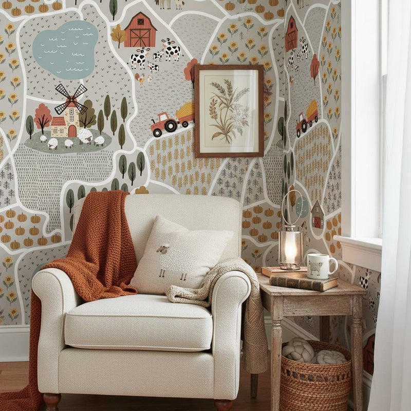 Farm Map Wallpaper Kids Room | Countryside Nursery Decor | Tractor Barn Animals | Peel and Stick or Traditional