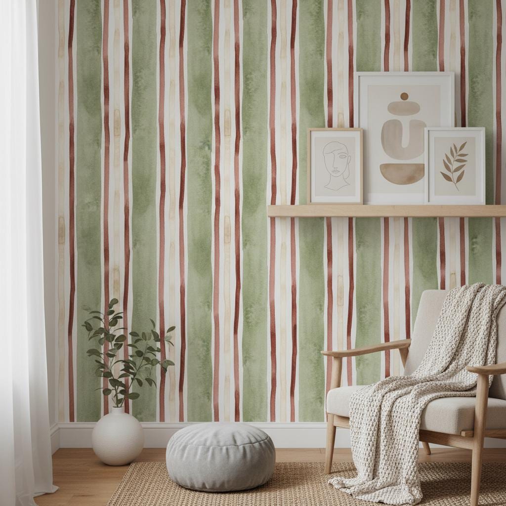 Watercolor Stripe Wallpaper| Sage Green  Stripes | Modern | Peel and Stick