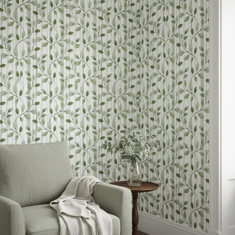 Botanical Branch Wallpaper Nursery | Green Leaf Watercolor Stripes | Peel and Stick