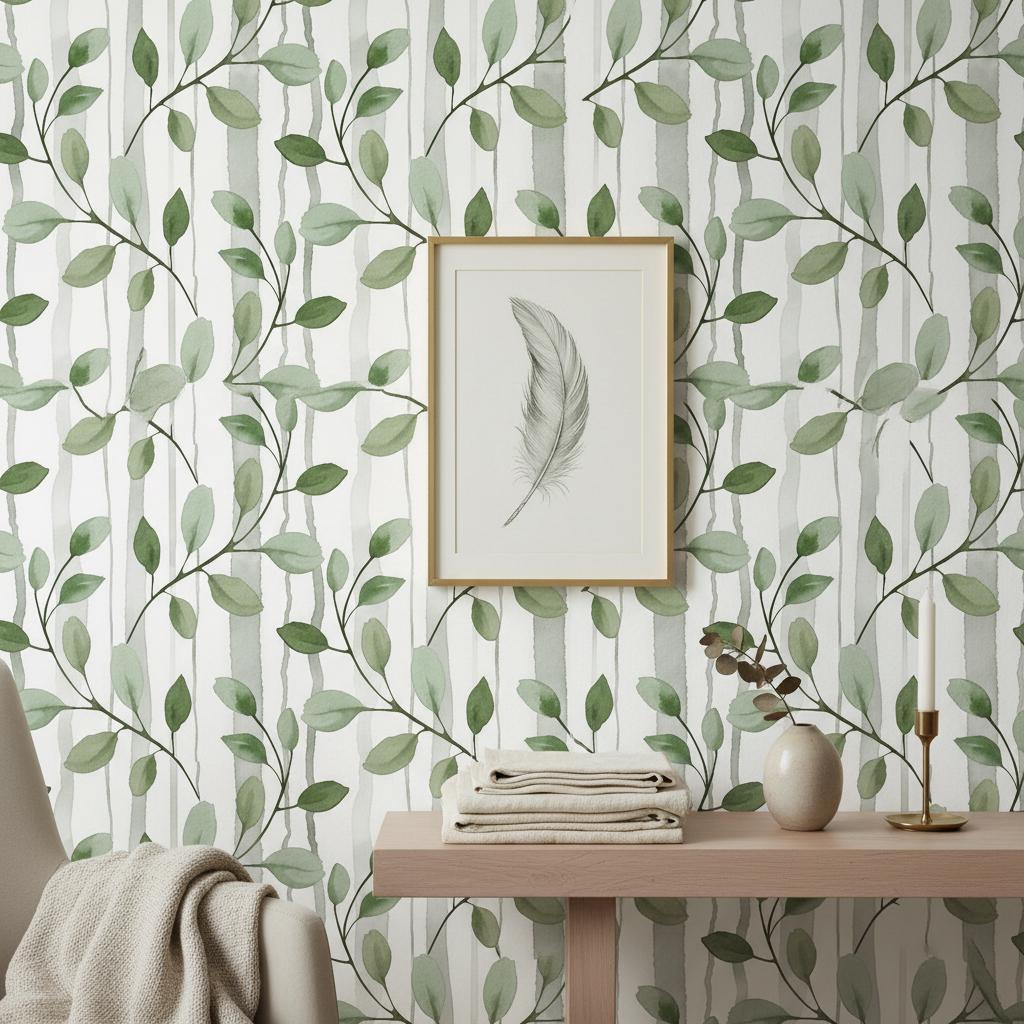 Botanical Branch Wallpaper Nursery | Green Leaf Watercolor Stripes | Peel and Stick