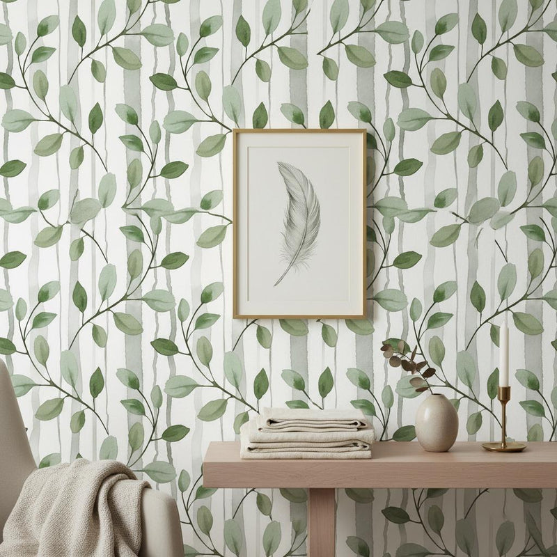 Botanical Branch Wallpaper Nursery | Green Leaf Watercolor Stripes | Peel and Stick