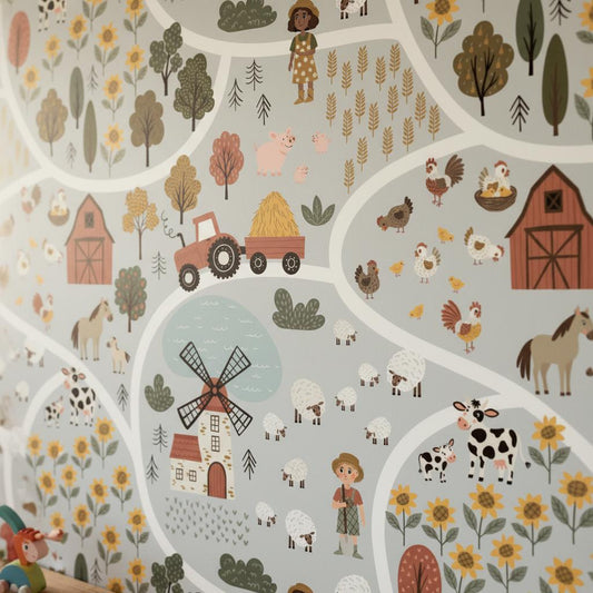 Farm Wallpaper Kids Room | Countryside Nursery Decor | Windmill Barn Animals | Peel and Stick