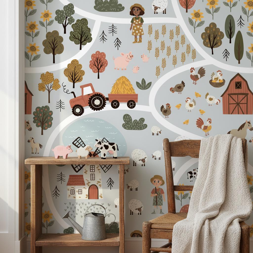Farm Wallpaper Kids Room | Countryside Nursery Decor | Windmill Barn Animals | Peel and Stick