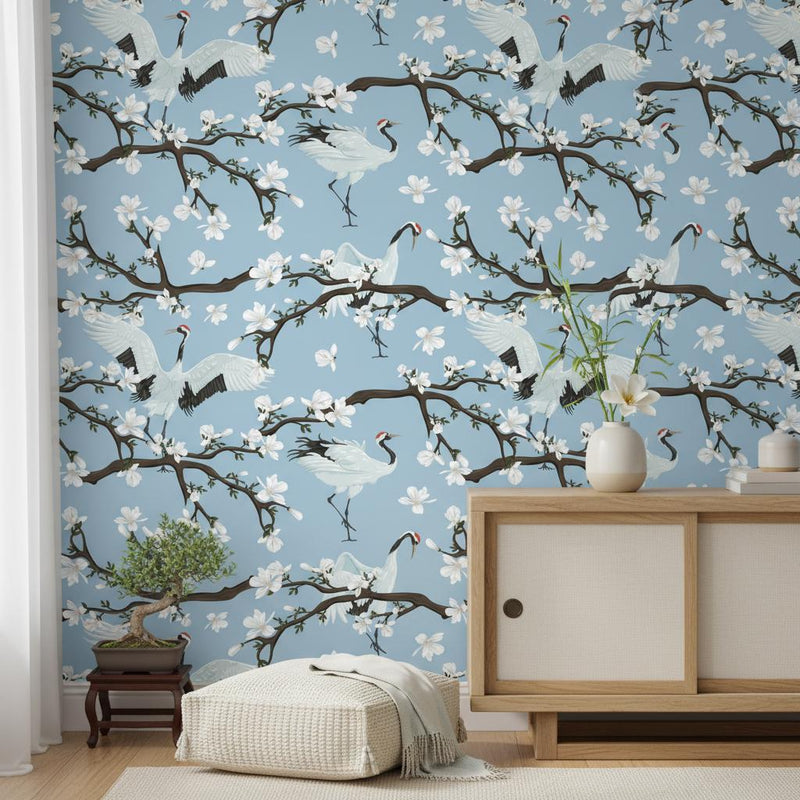 Asian Crane Wallpaper Blue | Japanese Magnolia | Oriental Bird  | Peel and Stick