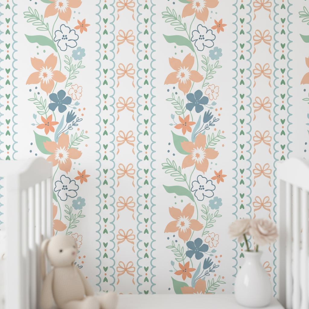 Botanical Stripe Wallpaper | Whimsical Garden Decor | Peel and Stick