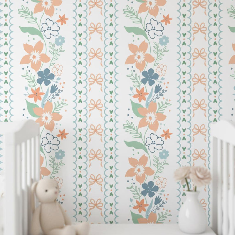 Botanical Stripe Wallpaper | Whimsical Garden Decor | Peel and Stick