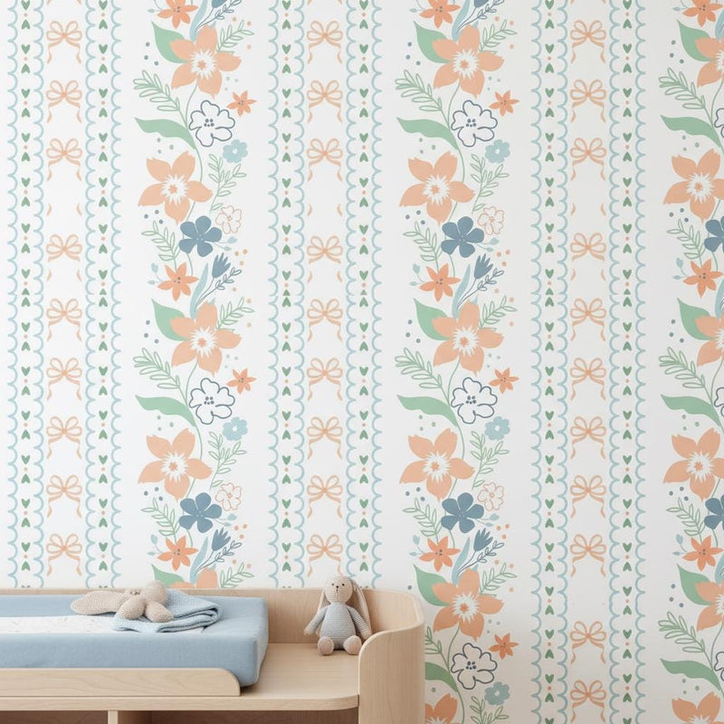 Botanical Stripe Wallpaper | Whimsical Garden Decor | Peel and Stick
