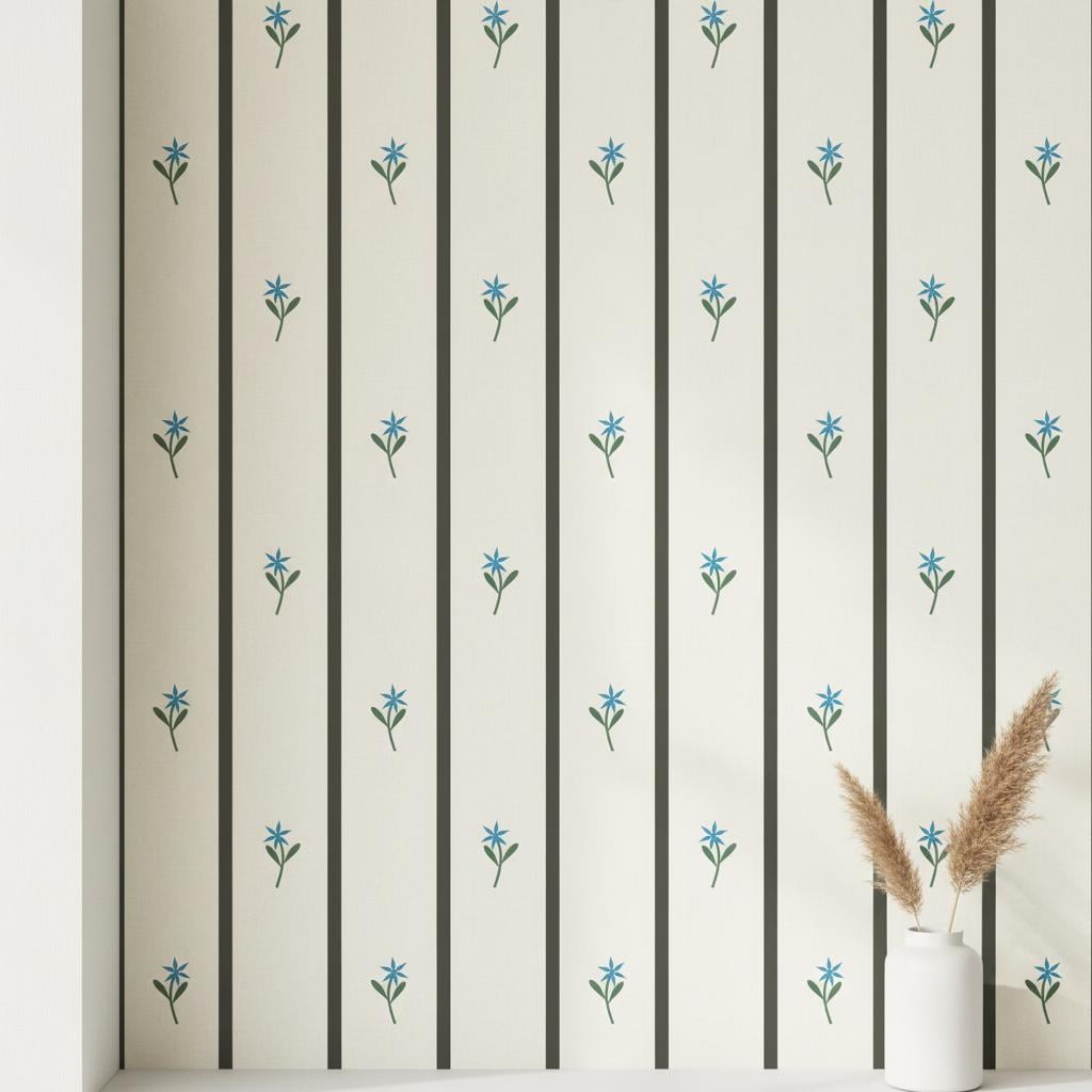 Minimalist Stripe Wallpaper  | Blue Flower Vertical Stripes |Peel and Stick