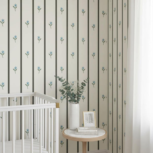 Minimalist Stripe Wallpaper  | Blue Flower Vertical Stripes |Peel and Stick