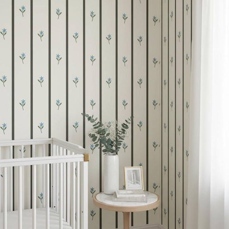 Minimalist Stripe Wallpaper  | Blue Flower Vertical Stripes |Peel and Stick