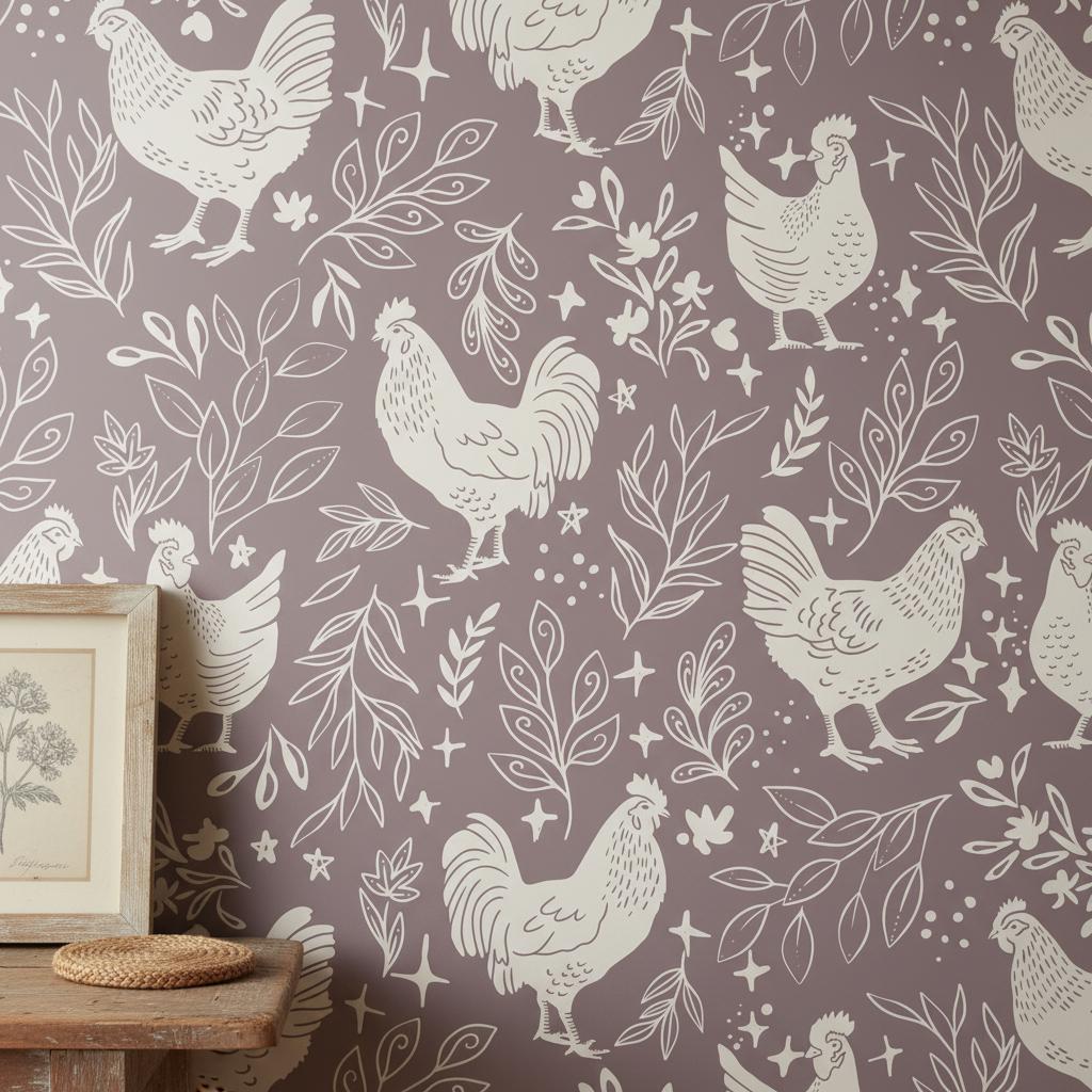 Folk Rooster Wallpaper Gray | Farmhouse Chicken Kitchen Decor | Cottage Country Style | Peel and Stick