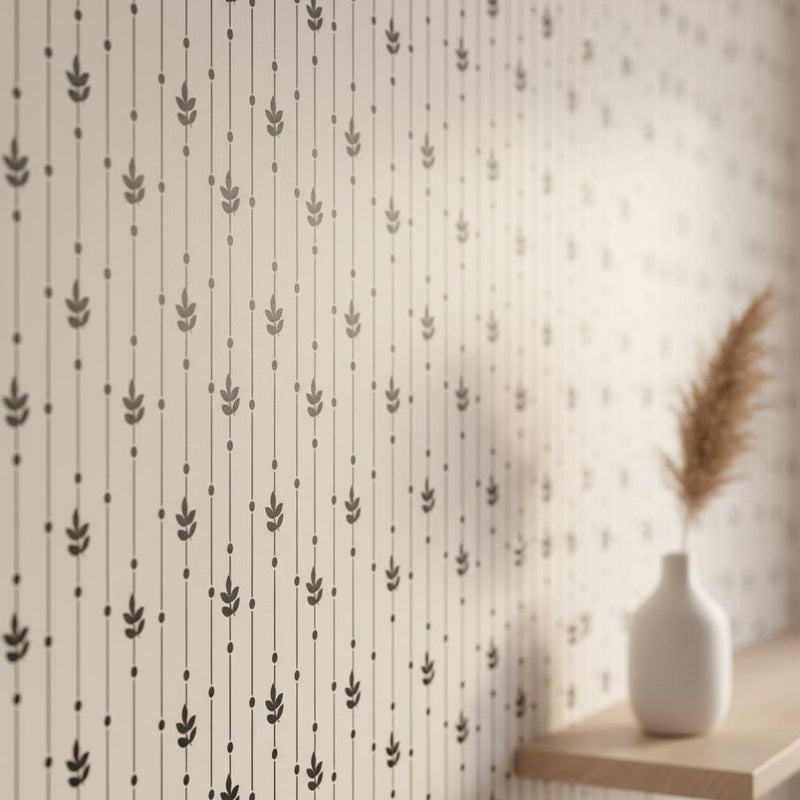 Minimalist Botanical Wallpaper Black White | Modern Leaf Stripe Pattern | Scandinavian Design | Peel and Stick