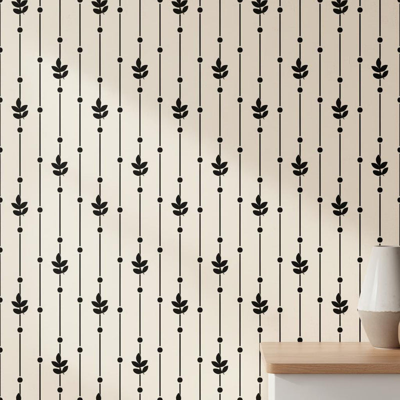Minimalist Botanical Wallpaper Black White | Modern Leaf Stripe Pattern | Scandinavian Design | Peel and Stick