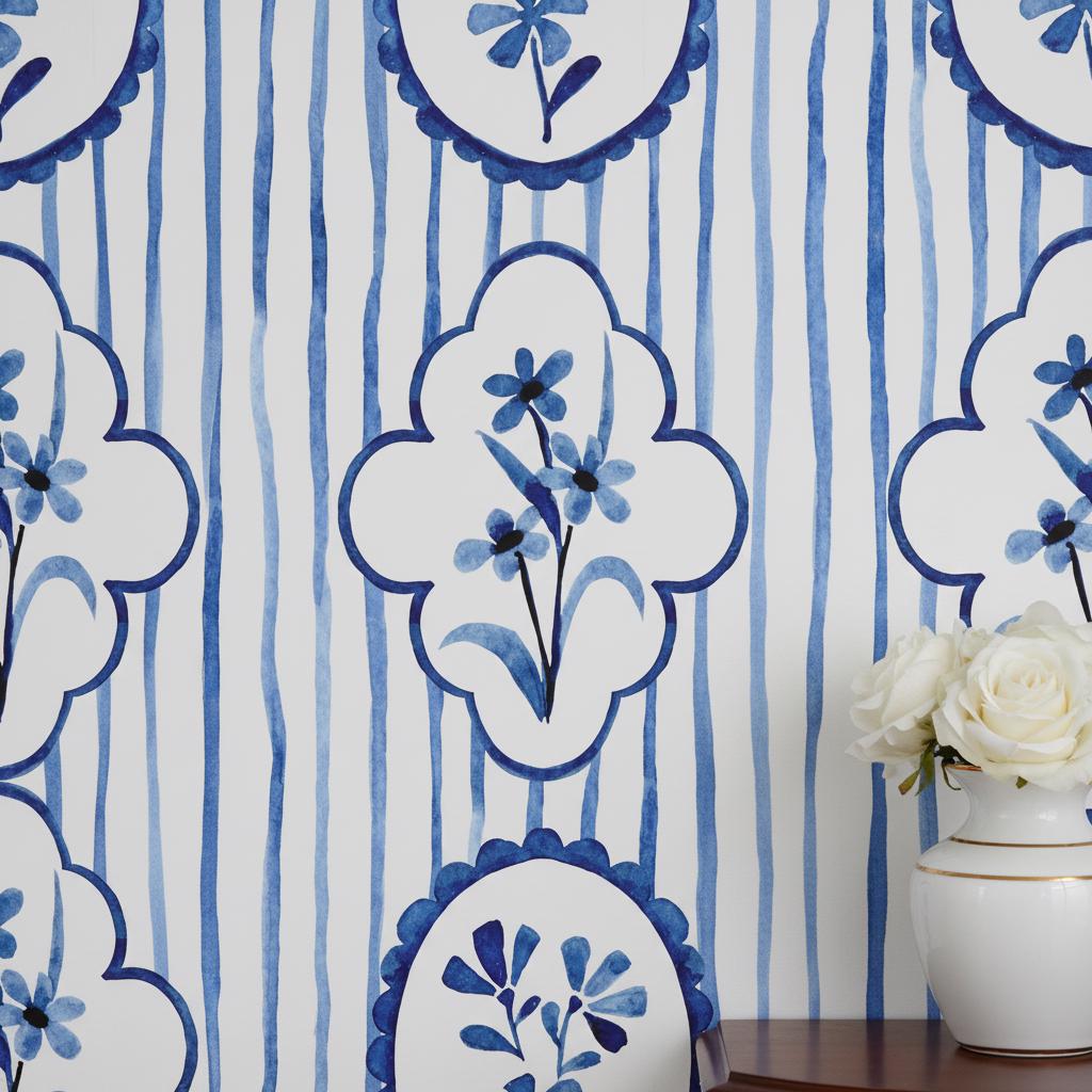 Watercolor Frame Wallpaper Blue White | Floral Stripe Pattern | Cottage Bathroom Decor | Peel and Stick
