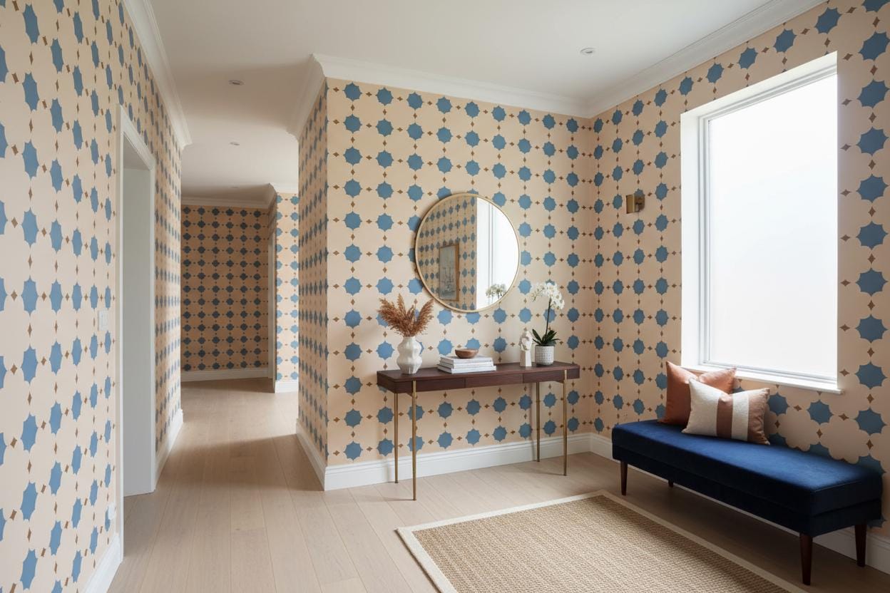 Geometric Wallpaper Peel and Stick | Blue Beige Quatrefoil Star Pattern | Modern Removable Wall Paper