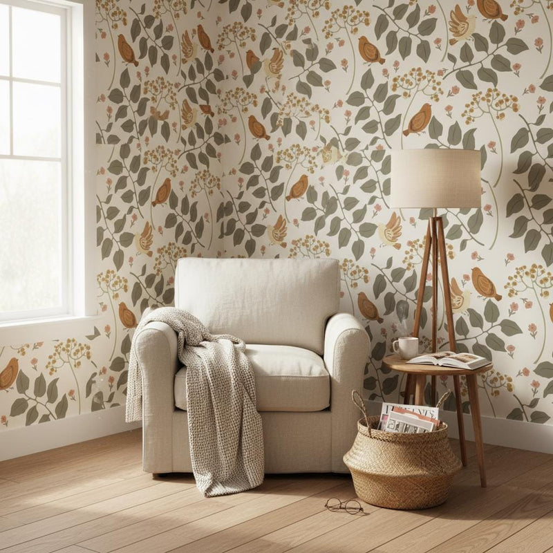Birds and Berries Wallpaper | Scandinavian Botanical Wall Mural | Sage Green Nursery Decor | Peel and Stick Removable Wallpaper