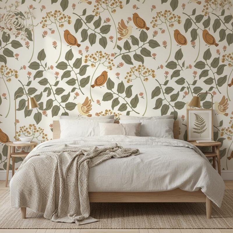 Birds and Berries Wallpaper | Scandinavian Botanical Wall Mural | Sage Green Nursery Decor | Peel and Stick Removable Wallpaper