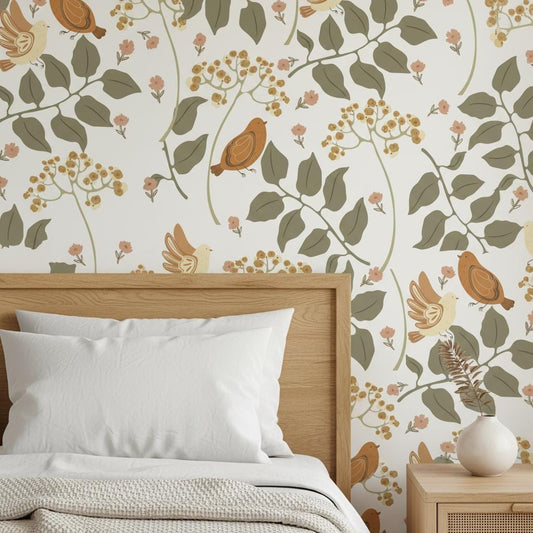 Birds and Berries Wallpaper | Scandinavian Botanical Wall Mural | Sage Green Nursery Decor | Peel and Stick Removable Wallpaper