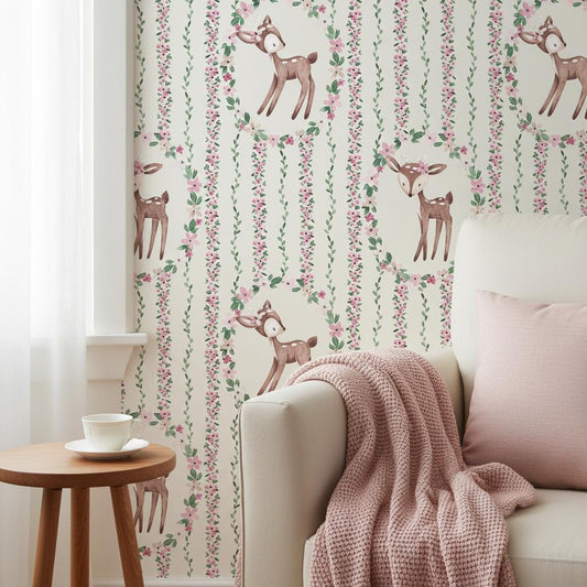 Deer Wallpaper | Woodland Nursery Wall Mural | Pink Floral Wreath Baby Room Decor | Peel and Stick Removable Wallpaper