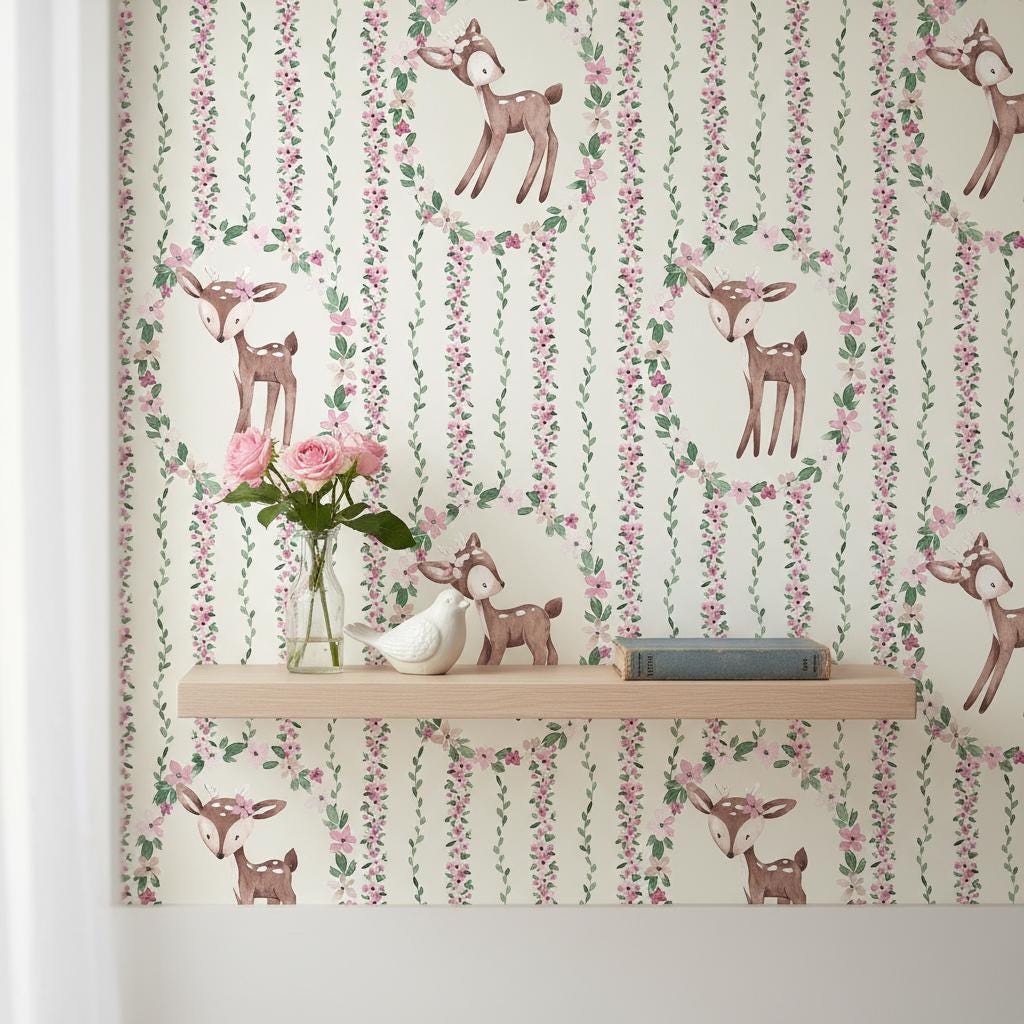 Deer Wallpaper | Woodland Nursery Wall Mural | Pink Floral Wreath Baby Room Decor | Peel and Stick Removable Wallpaper