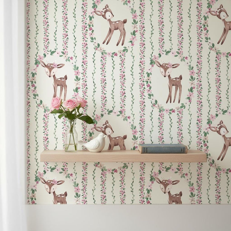 Deer Wallpaper | Woodland Nursery Wall Mural | Pink Floral Wreath Baby Room Decor | Peel and Stick Removable Wallpaper