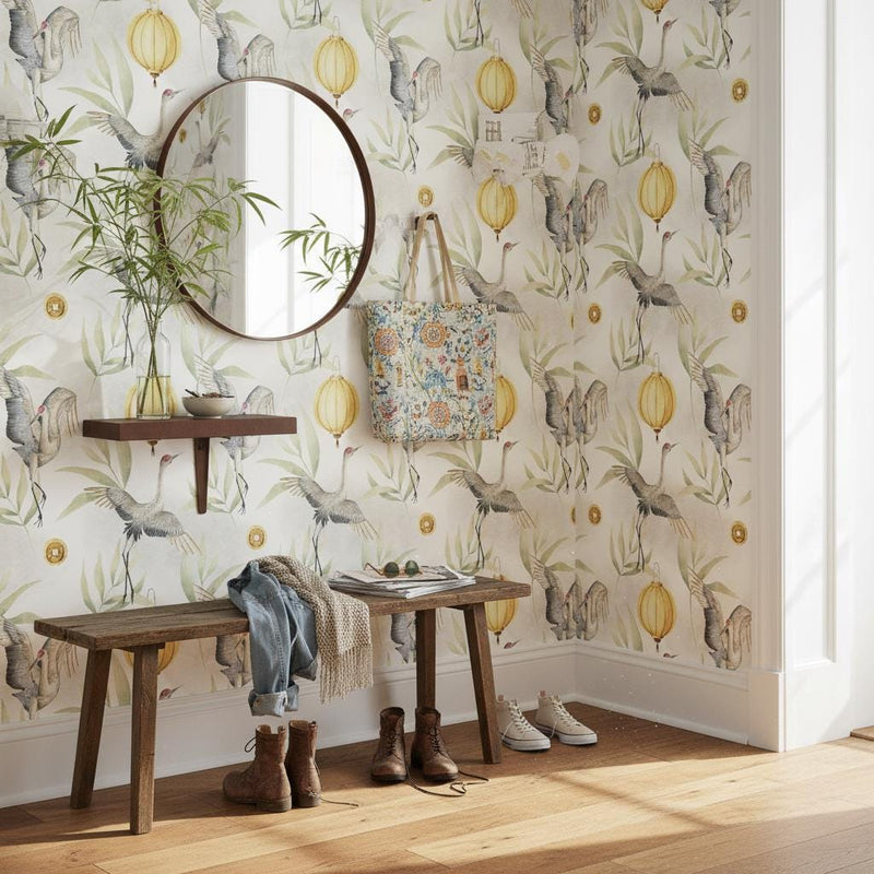 Chinese Crane Wallpaper | Gold Lantern Asian Wall Mural | Watercolor Bamboo Decor | Peel and Stick Removable Wallpaper