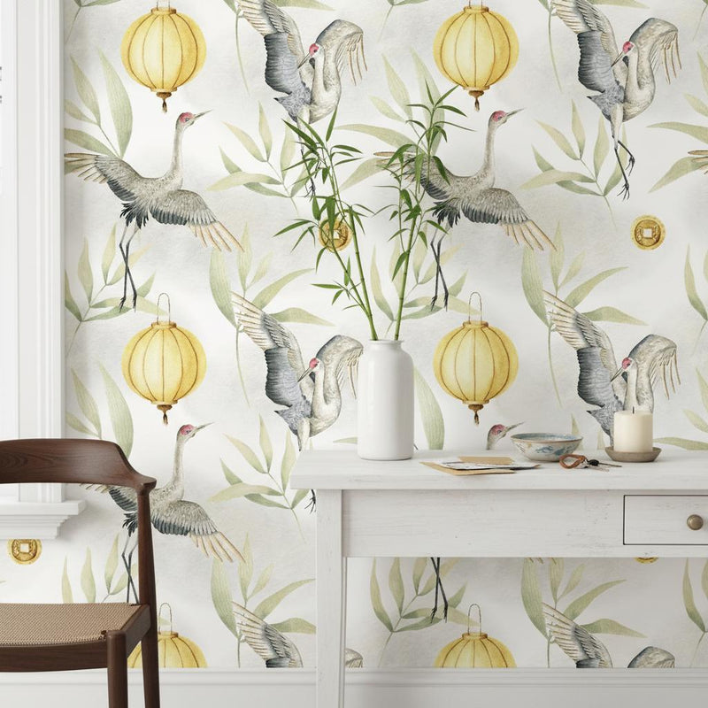 Chinese Crane Wallpaper | Gold Lantern Asian Wall Mural | Watercolor Bamboo Decor | Peel and Stick Removable Wallpaper