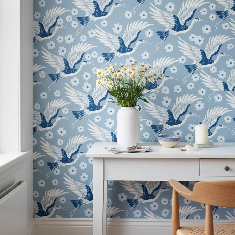 Blue Crane Wallpaper | White Daisy Flower Wall Mural | Coastal Japanese Decor | Peel and Stick Removable Wallpaper