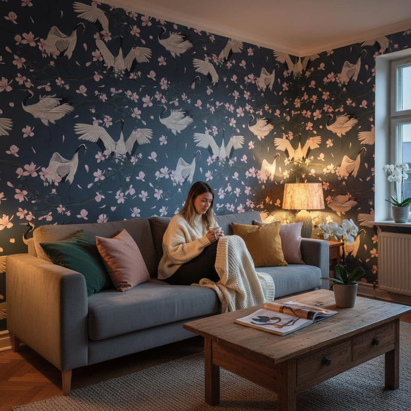 Cherry Blossom Crane Wallpaper | Dark Blue Japanese Wall Mural | Pink Sakura Asian Decor | Peel and Stick Removable Wallpaper