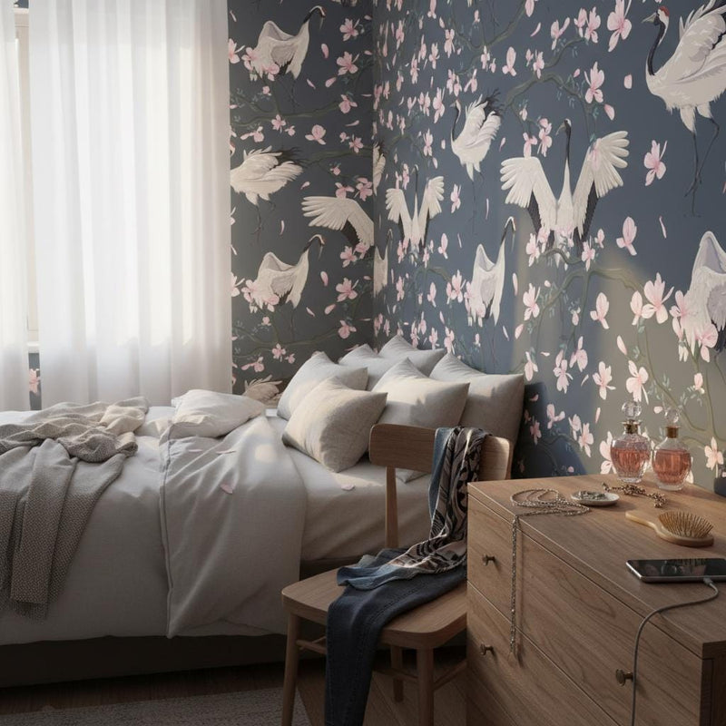 Cherry Blossom Crane Wallpaper | Dark Blue Japanese Wall Mural | Pink Sakura Asian Decor | Peel and Stick Removable Wallpaper