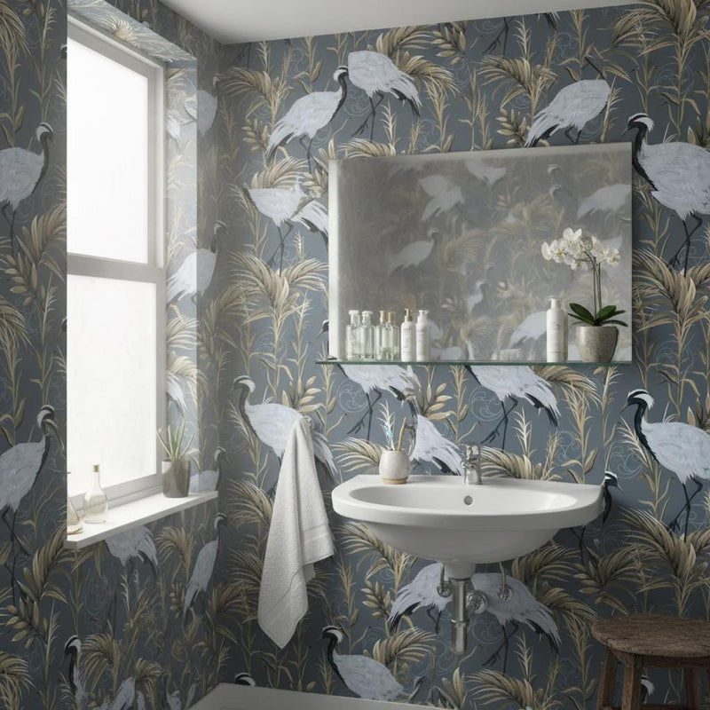 Luxury Crane Wallpaper | Dark Grey Gold Tropical Wall Mural | Asian Elegant Decor | Peel and Stick Removable Wallpaper