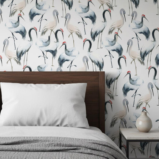 Crane Wallpaper | Japanese Watercolor Wall Mural | Asian Zen Minimalist Decor | Peel and Stick Removable Wallpaper