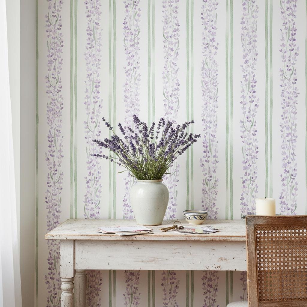 Lavender Stripe Wallpaper | Watercolor Provence Floral Wall Mural | Purple Lilac Cottage Decor | Peel and Stick Removable Wallpaper