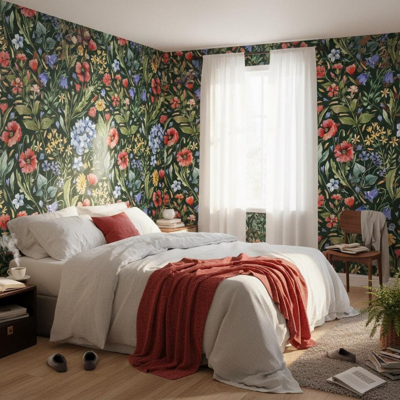 Wildflower Meadow Wallpaper | Dark Green Poppy Botanical Wall Mural | Colorful Garden Decor | Peel and Stick Removable Wallpaper
