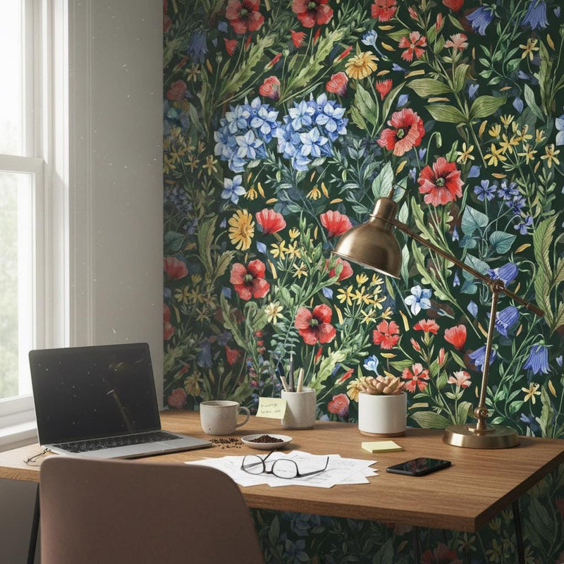 Wildflower Meadow Wallpaper | Dark Green Poppy Botanical Wall Mural | Colorful Garden Decor | Peel and Stick Removable Wallpaper
