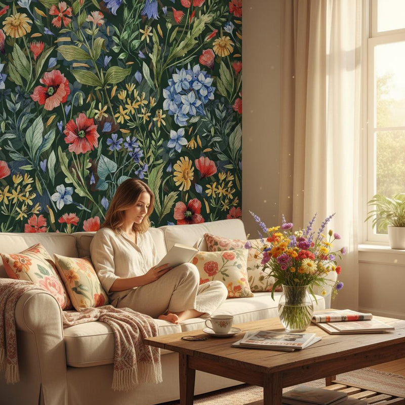 Wildflower Meadow Wallpaper | Dark Green Poppy Botanical Wall Mural | Colorful Garden Decor | Peel and Stick Removable Wallpaper