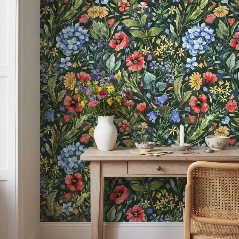 Wildflower Meadow Wallpaper | Dark Green Poppy Botanical Wall Mural | Colorful Garden Decor | Peel and Stick Removable Wallpaper